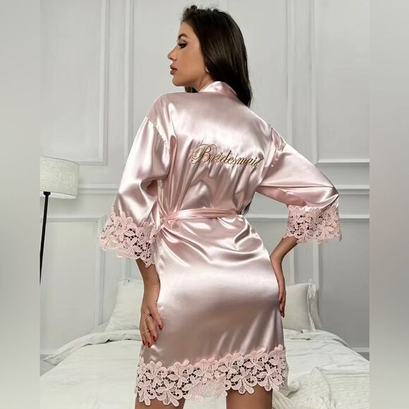 BRIDESMAID Pink Satin & Lace Belted Robe for Wedding Party or Bachelorette. NEW - Picture 1 of 5
